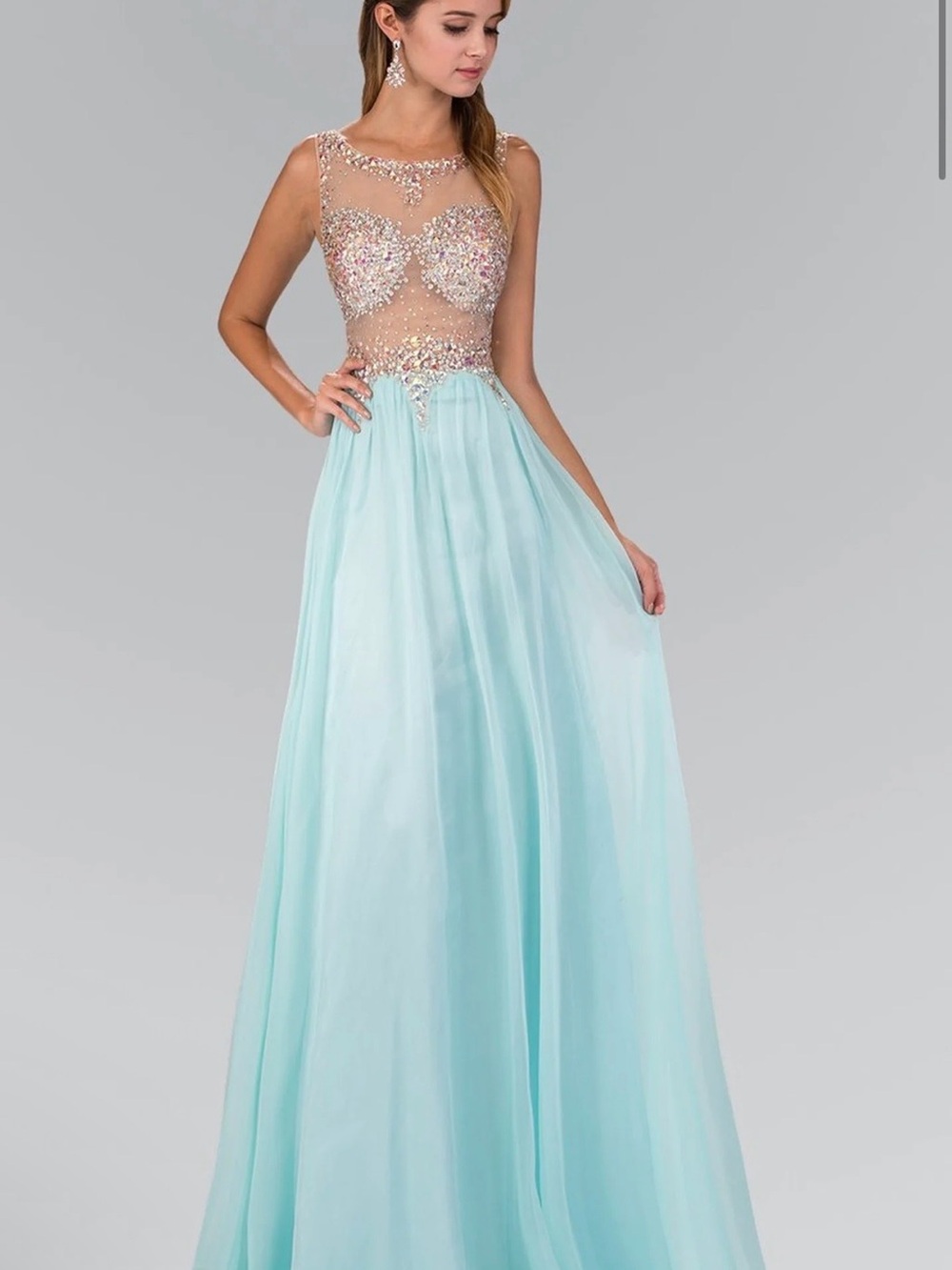 Crystal Beaded Illusion Bodice Aqua Prom Pageant Gown